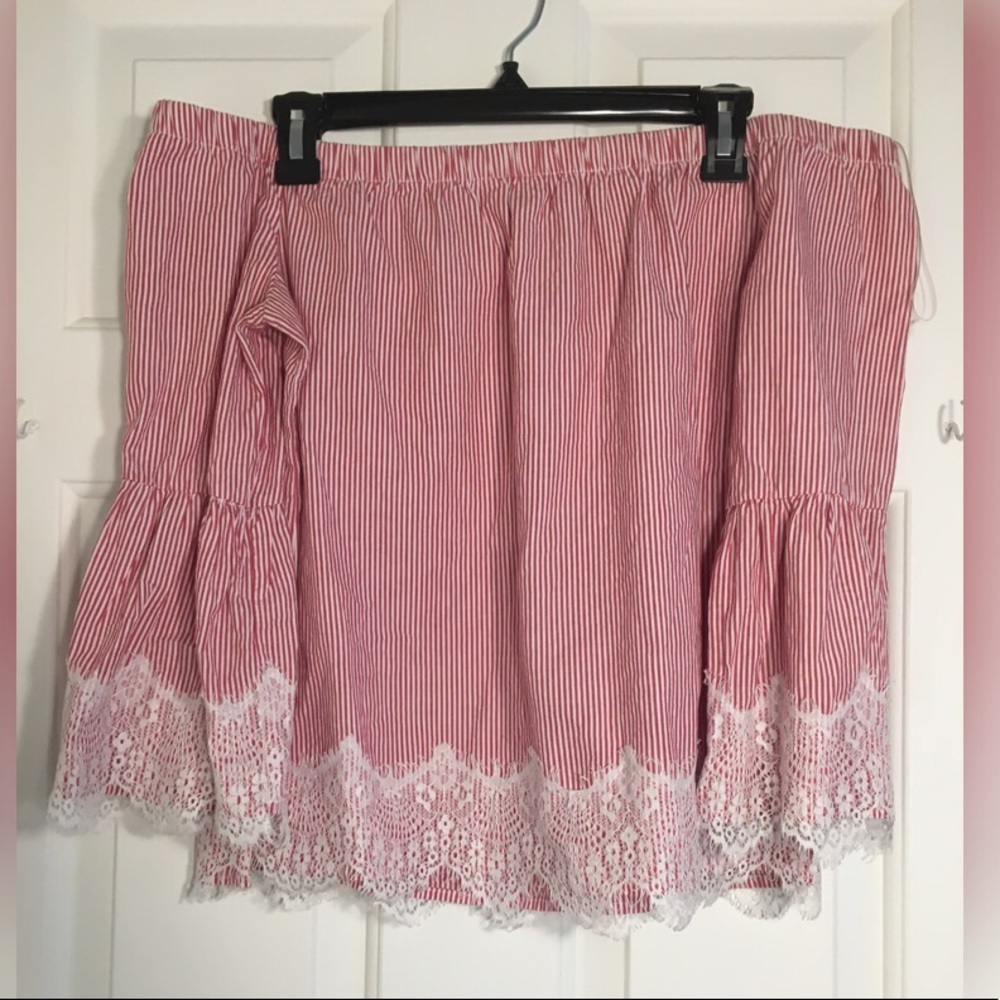 Red and white striped off the shoulder top